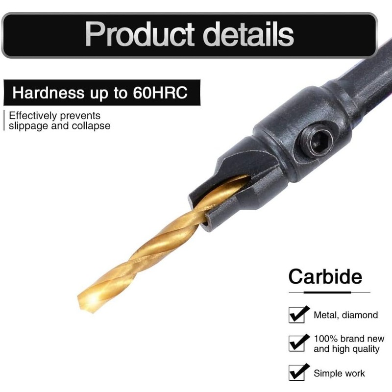 5 PCS Countersink Drill Bit Set, #5, #6, #8, #10,