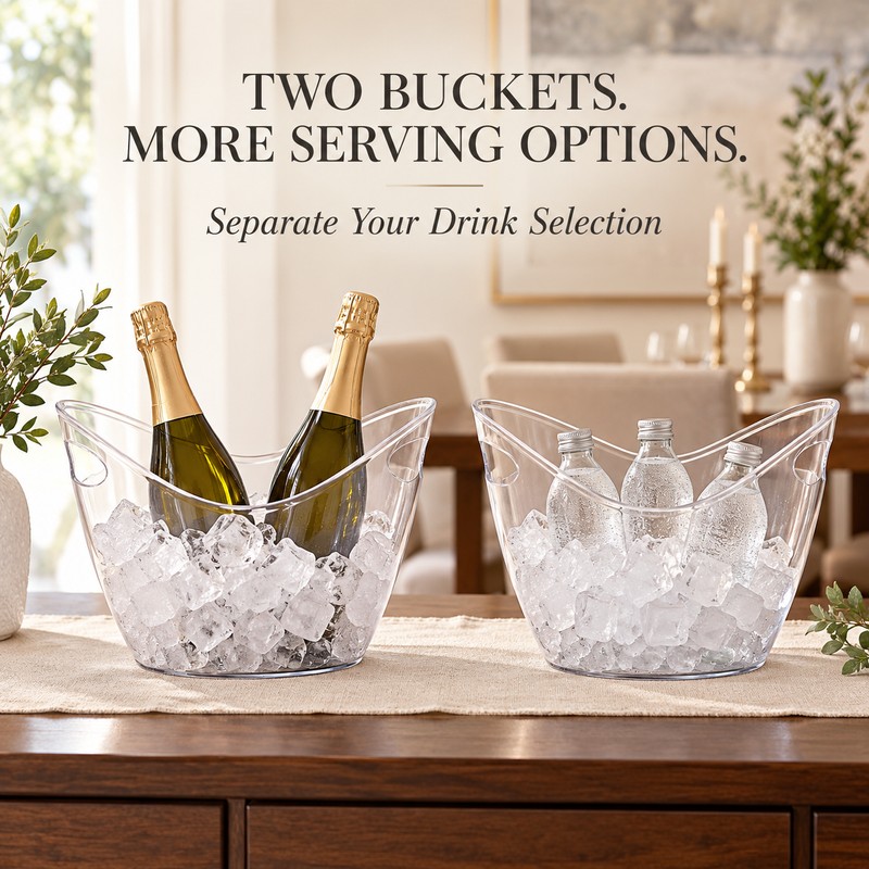 Clear Ice Buckets, 2-Pack Beverage Chiller Tubs with Built-In Handles,