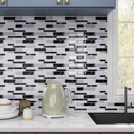 ReWallpaper Black and White Backsplash Tiles Peel and Stick 12"x12" Grey Marble Look Back Splash Stick on Tiles for Kitchen RV Fireplace Self Adhesive 17 Sheets Bathroom Stickers for Wall Decoration