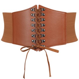 WHIPPY Women's Corset Belt Wide Lace Belt Elastic Waist Belt Lace Corset Tied for Dress Shirt Cosplay Costume, C-brown
