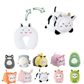 JOYRAVO Kids Travel Pillow 2-in-1 Malleable Neck Pillow, Soft U Shaped Pillow with Cute Plush Toys, Cozy Sleeping and Play Companion for Airplanes and Travel (QQ Cow)