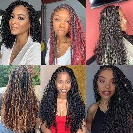 Leeven 30 Inch Pre-looped Bob Box Braids Crochet Hair with Curly Ends 8 Packs Crochet Braiding Hair for Woman Messy Hippie Braids Goddess Boho Box Braid Hair Extensions 53#