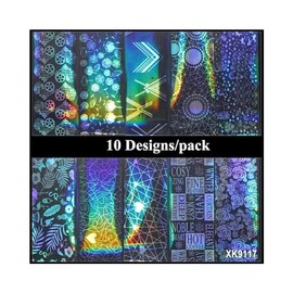 Generic Laser Geometric Figure Flower Leaf Heart Nail Foil Transfer Sticker 10 Pcs Xk9117 Nail Wraps Art Stickers Manicure Supplies for Women for Home Nails Full Long Lasting Easy Apply and Remove