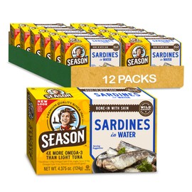 Season Sardines in Water - Wild Caught Fish, 22g of Protein, Keto Snacks, More Omega 3's Than Tuna, High in Calcium, Canned Sardines - 4.37 Oz Tins, 12-Pack