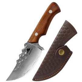 HAZMUSS Damascus Utility Knife with Sheath - Kitchen Knife - 3.8" Damascus Steel Blade with Ergonomic Wooden Handle, Full Tang for Outdoors & Kitchen