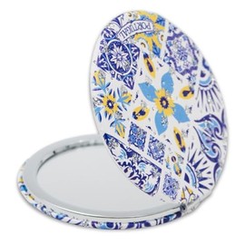 Portuguese Azulejo Tile Pocket Mirror with Heart Sparkles | Decorative Souvenir Gift & Travel Accessory