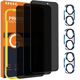 QHOHQ QHOHQ for iPhone 16 Plus Privacy Screen Protector + Camera Lens Protector, [Military Grade Shatterproof], Top 9H+ Anti Spy Glass, Full Edge Coverage, Ultra Durable, with Installation Tool [3+3 Pack]