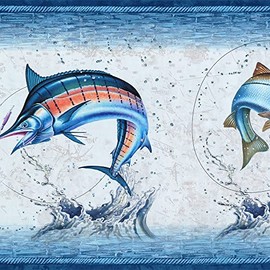 CONCORD WALLCOVERINGS ™ Wallpaper Border Fishing Pattern River Waves Fishes for Cottage Fishing Shack Farm, Blue Beige Orange, 15 Feet by 10.25 Inches NM6813B