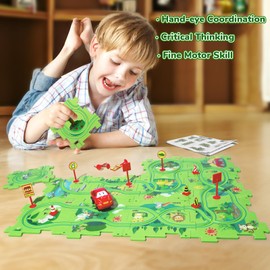 YOOYID Puzzle Racer Kids Car Track Set, Plastic Puzzles for Kids Ages 3-5 with A Cute Vehicle, Toddler Puzzle Track Play Set Gift, Race Tracks for Toddler 3-5, Toys for 3 4 5 6 Year Old Boys Girls