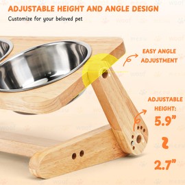 Elevated Dog Cat Food Bowls, Adjustable Height and Angle Raised Dog Cat Bowl Stand with 2 Stainless Steel Bowls, Food and Water Bowl Set for Cats and Puppy (Natural)