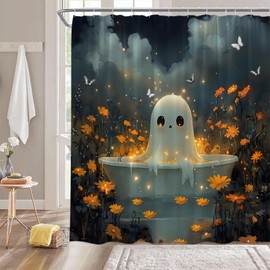 ZKJSMGS Halloween Ghost Shower Curtain,Cute Spooky Orange Floral Lake Festival Autumn Gray Blue Bathroom Home Curtain Decor with Hooks,70x70 Inch