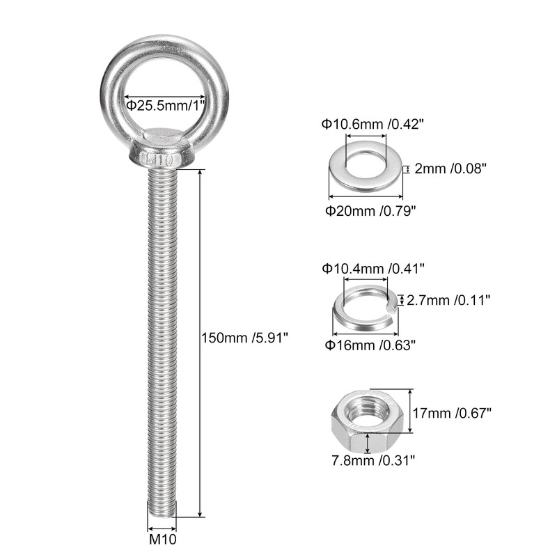 sourcing map Lifting Eye Bolt, 1 Set M10x150mm Eye Bolt
