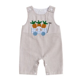 Loalirando Newborn Baby Girl Boy Easter Romper Overalls Casual Striped Print Bunny Carrot Truck Embroidery Sleeveless Jumpsuit Bodysuit 0-18 Months Going Home Clothes (Khaki, 12-18 Months)