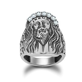 Fine Sterling Silver CZ-Studded Crown of Thorns Jesus Christ Oxidized Statement Ring (Size 10)
