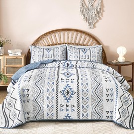 Drucon Boho King Size Aztec Quilt Set 3 Pieces Blue Ultra Soft Lightweight Quilt Beddding Set, Microfiber Bohemian Bedspread Coverlet Set with 2 Pillowcases for All Season (King, 104"x90")