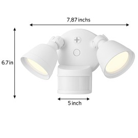 Shoppers Lighting LED Motion Sensor Outdoor Double Flood Light, 1900 Lumens, 3000K Warm White, Dual Head Security Light, ETL Wet Rated, White, Energy Effcient