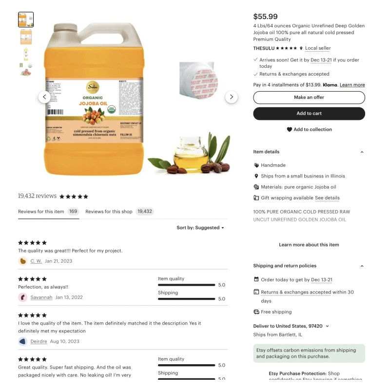 SULU ORGANIC UNREFINED 100% PURE JOJOBA OIL COLD PRESSED OIL