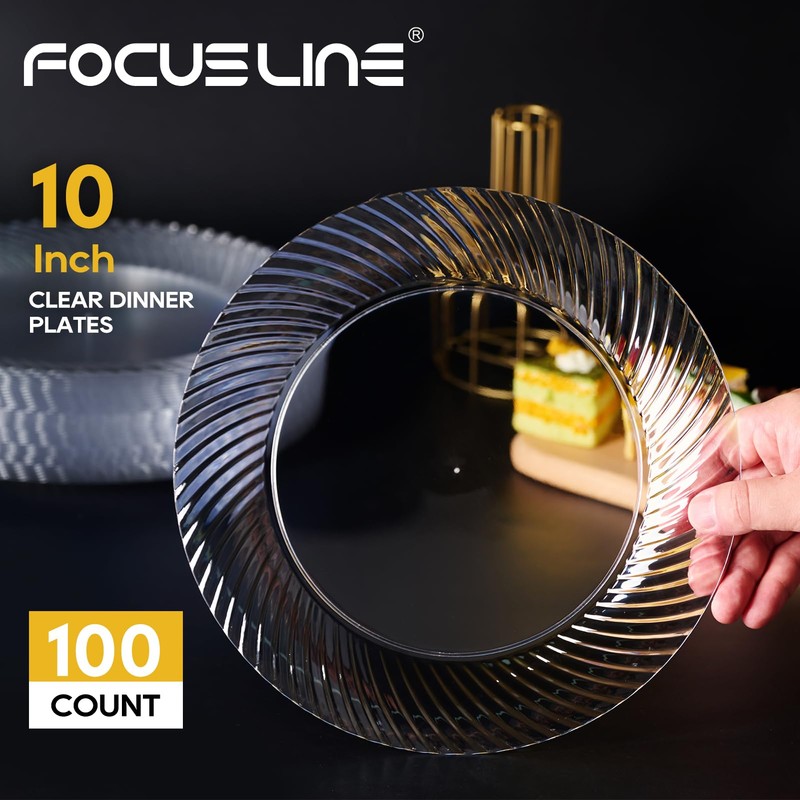 FOCUSLINE 10 Inch Clear Plastic Plates, 100 Count Disposable Heavy