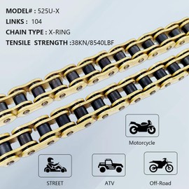 BIGLKNM 525 X-Ring Motorcycle Chain 104 Links with Connecting Master Link, Gold Drive Chain for Suzuki Honda Kawasaki Bicycles Motorcycle, Mini Bike, Dirt Bike