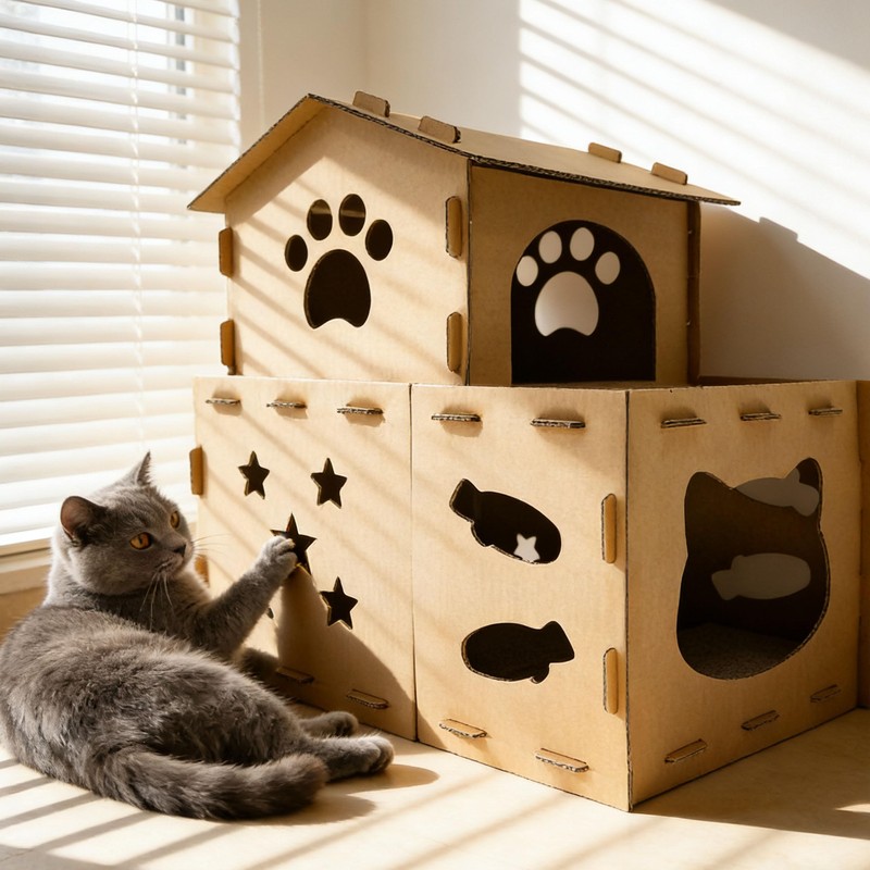 25 Inch Two Level Cardboard Cat Scratcher House, 2-in-1 Multi-Level
