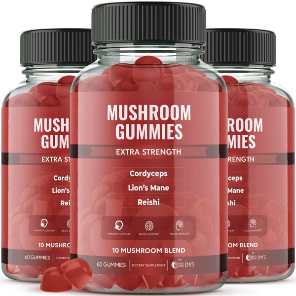 Dr. Emy's Mushroom Gummies for Women & Men,Anti Aging,Brain Support,Immunity Support,Energy Support.Mushroom Supplement-10 Mighty Mushrooms. Gelatin Free Vegan 60 Ct Each (3)