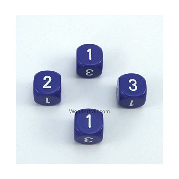 Wondertrail Purple Opaque Dice with White Numbers D3 (D6 1-3 Twice) 16mm (5/8in) Pack of 4