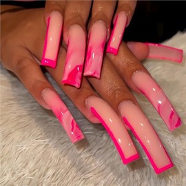 RUOKEXIN Long Press on Nails French Tip Fake Nails Curved Nail Tips Red Ombre False Nails with Designs Extra Curve Square Nail Press ons Sparkly Artificial Nails for Women 20Pcs