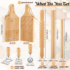 Tioncy 7 Pcs Pasta Making Tool Set Wood Gnocchi Board with Ravioli Stamp Ravioli Maker and Rolling Pin Homemade Gnocco Maker Kitchen Gift for Christmas Baking Lovers(Design Gnocchi Board Set)