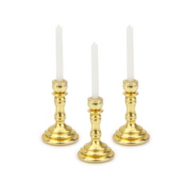 Dollhouse Miniature Candlesticks 3 PCS Candle Holder Set 1/12 Scale Vintage Candles Doll House Desk Ornament Accessories with Metal Round Base for for Fairy Garden (Golden)