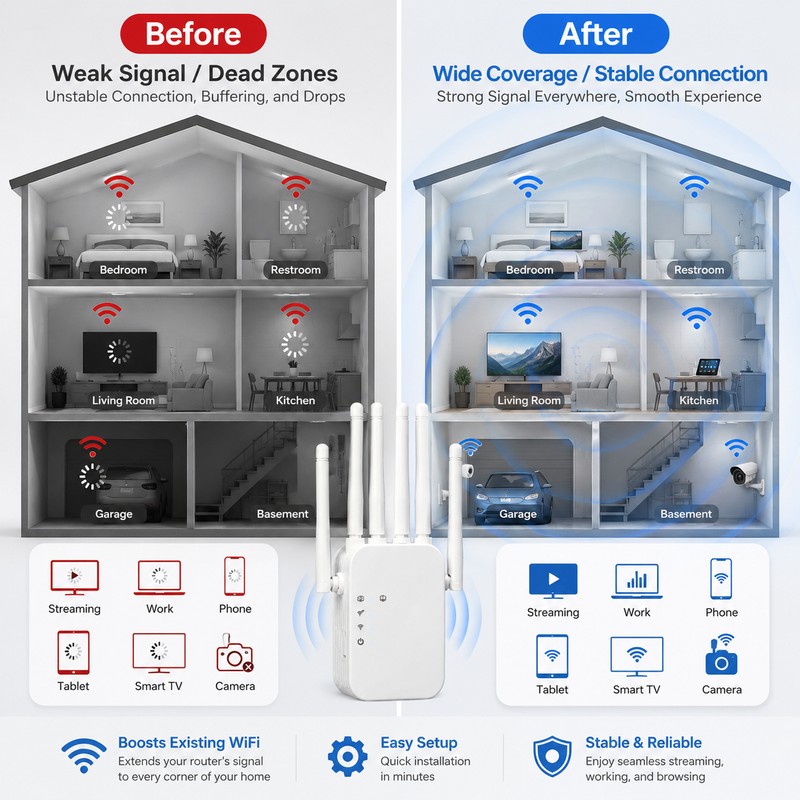 Dual-Band WiFi Range Extender for Home Coverage – 2.4GHz/5GHz 1200Mbps