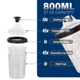 ROADGIVE Disposable Paint Spary Gun Cups(800 ML/27 OZ), Spray Paint Cup Kit with 45 Cup Liners, 45 Lids, 10 Sealing Plugs, 1 Retainer Ring, 1 Hard Cup