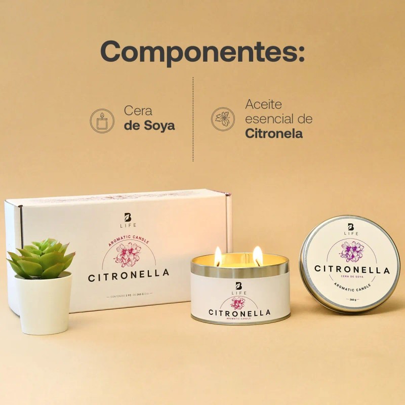 Velas De Citronela 260g, Kit 2 Velas. Duración 26hrs B