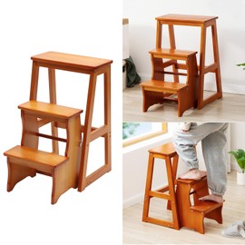 Folding Library Ladder Chair - Lightweight Portable 3-Step Stool, Display Stand and Flower Stand Multifunctional Stepladder for Home Kitchens and Garages (Honey)