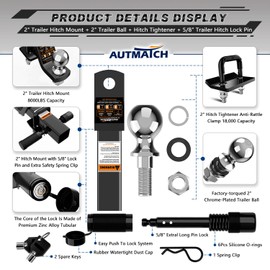 AUTMATCH Trailer Hitch Ball Mount with 2 Inch Hitch Ball, Fits 2 Inch Receiver with Hitch Tightener, 8000Lbs Capacity Ball Hitch, 2-Inch Drop with 5/8" Hitch Lock Pin, Red & Black