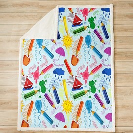 Kids Cartoon Pencil Sherpa Blanket Colorful Nursery Fleece Throw Blanket Cute Crayon Plush Blanket for Kids Boys Girls Funny Art Printed Fuzzy Blanket Throw 50"x60"