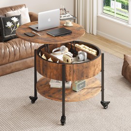 Ablefurn 26.77” Small Coffee Table, Round Fluted Lift Top Coffee Table with Storage, Rustic Central Table with Lift Tabletop for Living Room, Home Office, Brown