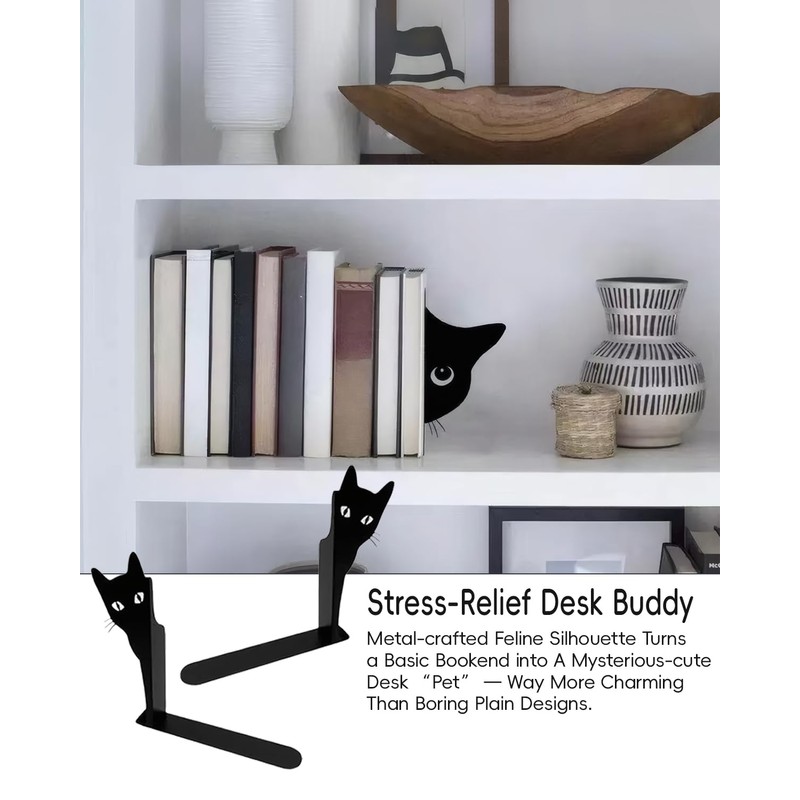 Metal Cat Bookends, 1 Pair Cute Cat Bookends for Shelves