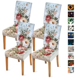 Vintage Floral Chair Covers for Dining Room – Romantic Peony Print Stretch Slipcovers for Elegant Kitchen, Wedding, Tea Party Decor – Washable Soft Seat Protector for Armless Chairs, Set of 4