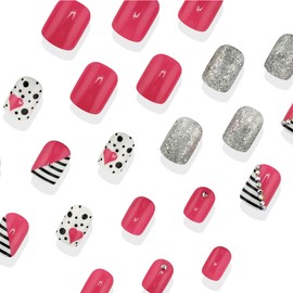 LRKNNO Valentines Press on Nails Short Square Heart Fake Nails Glitter Rhinestones French Press on Nails with Designs Full Cover False Nails Cute Pink Valentines Day Acrylic Nails for Women Girl 24Pcs