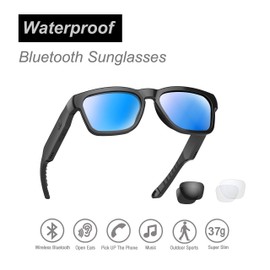OhO sunshine Gafas de seguridad, gafas Bluetooth sobre la oreja con micrófono integrado para escuchar música y llamadas telefónicas, tecnología UV400 con bloqueo de luz azul (Black - Blue Lens)