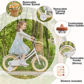 Glerc Little Molly 12 inch Kids Retro Cruiser Bike Bicycle for Girls Boys Ages 1 2 3 4 5 Year Old with Wicker Basket & Lightweight & Traning Wheels & Bell for Birthday Gift, White