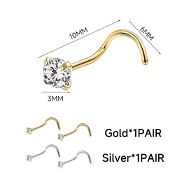 2 Pairs Spiral Nose Nails, Curved Golden Nose Nails, Nose Piercing Nails, Zircon Nose Nails, Stainless Steel Nose Nails, Stainless Steel