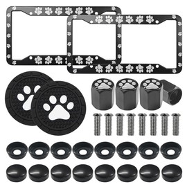 2PCS Cat Dog Paw Print License Plate Frames - Aluminum Alloy License Plate Holders Cover with 2 Paw Mat & 4 Dog Paw Valve Stem Caps for Pet Lovers, Car Tag Frames with Pet Footprint for US Vehicles