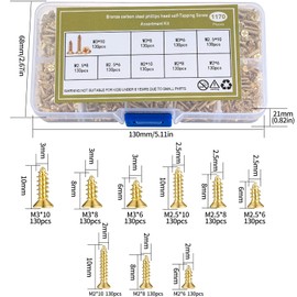 1170 Pcs Small Wood Screws, M2 M2.5 M3 Self Tapping Screw Assortment Kit, Gold Micro Flat Head Cross Head Wood Screws Fasteners, Self Drilling Screws for Door Hinge DIY Decorative
