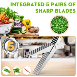 Herb Scissors Set - Updated 2025 Cool Kitchen Gadgets for Cutting Fresh Garden Herbs - Herb Cutter Shears with 5 Blades and Cover, Sharp and Anti-rust Stainless Steel, Dishwasher Safe (Black-White)