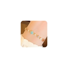 18K Gold Plated Four Leaf Clover Necklace for Women, Colorful Zirconium Four-Lleaf Flower Bracelet, for Women Lucky Flower Jewelry , Lucky Gift for Mother, Wife, Girlfriend, Daughter (With Jewelry Box)