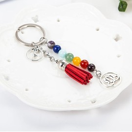 POFET Charming Chakras Energy Gemstone Beads Lotus Tassel Pendant Keychain Gifts