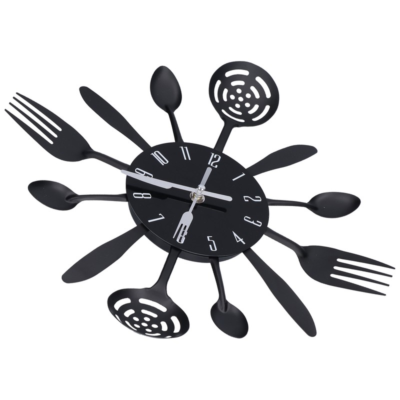 Black Kitchen Wall Clock Removable Modern Cutlery Kitchen Spoon Fork