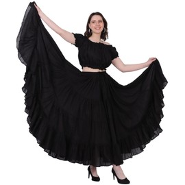 Wevez® Women's Plus Size Gypsy 25 Yard Long Flowy Solid Color Renaissance fair Skirt (Black)
