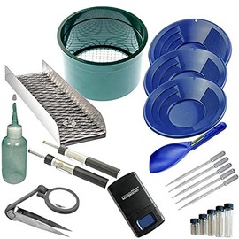21pc Gold Panning Kit 12" 10" 8" Blue Gold Pans Mini Sluice Box & Gold Recovery